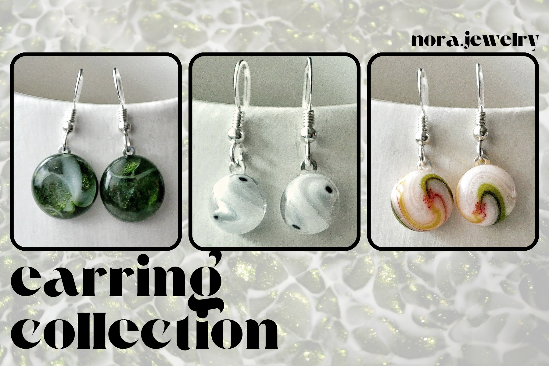 earring collection: this one shows a sparkly green aventurine pair of round earrings, one that's white/grey/clear with black spots (that one's made from spiral cane that I made flat and you can see the spiral in the final design) and one with swirling green, yellow and pink set in white.
all the backgrounds on all of these are an aventurine dragonskin sheet that i put at low transparency over white, so they have a lacy quality to them.