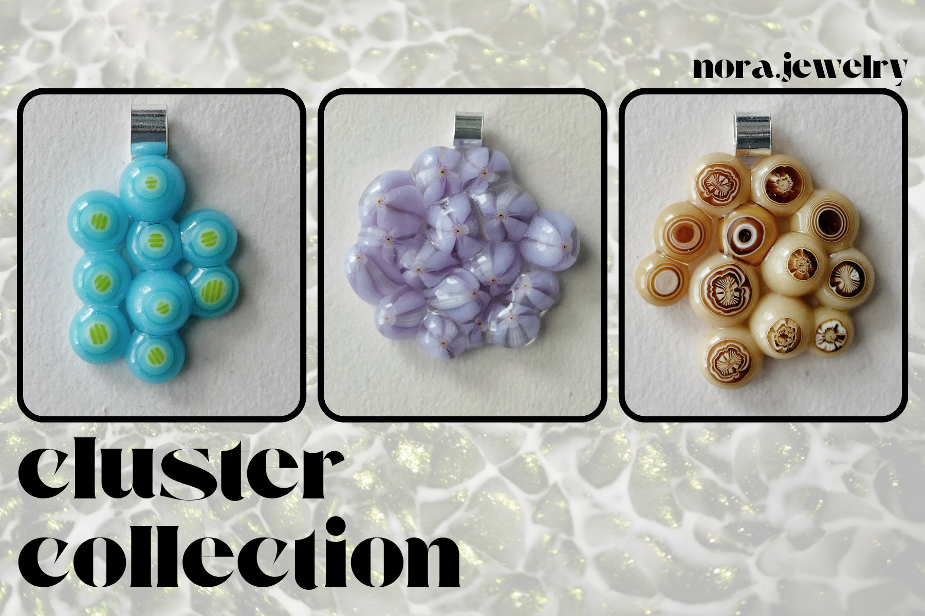 ad for the cluster collection, a group of fused glass pendants (and a couple other things, but only pendants are pictured) made from placing glass cylinders on their ends in a group and melting them just enough to round them out but not enough to make them fully puddle like most of my designs. the result of this ends up looking a bit like fish eggs adhered to a flat surface, or a bundle of grapes. the ones pictured are a simple round aqua blue design with yellow middles, a purple design with distorted flowers (this one started out as regular flowers but rounded their petals in the kiln, blurring them) and a round tan design with brown and white middles.