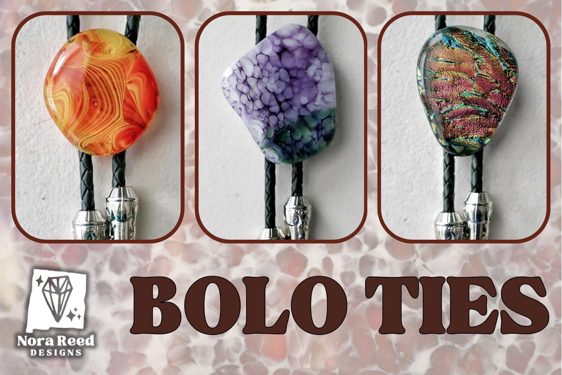ad for bolo ties featuring 3 bolos in abstract organic shapes, one in the yellow/orange mix that pendant was in, one in purple/green and one in a magenta and turquoise psychedelic dichroic