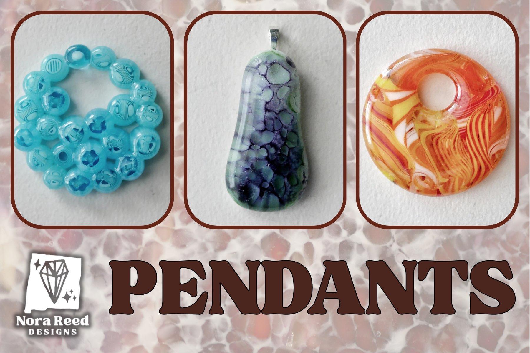 ad for pendants featuring a blue cluster pendant that looks like fish eggs, a sort of eggplant shaped purple and green pendant and a bright orange and yellow round pendant with a chaotic mix of different designs.