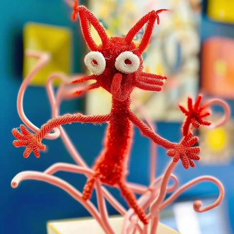 Strange, unlikely Pipe Cleaner Cat! A red menace!