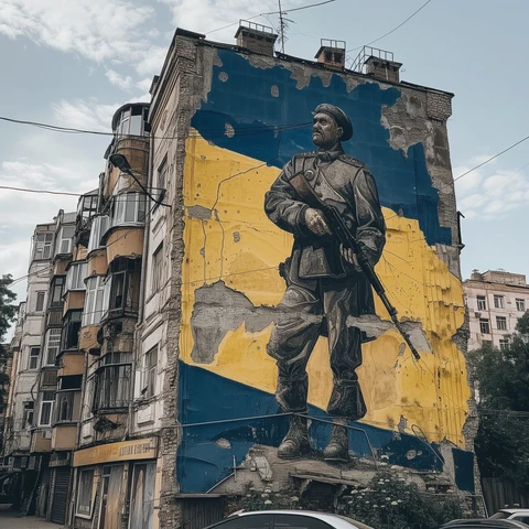 Ukraine soldier painting on a battered building wall. 