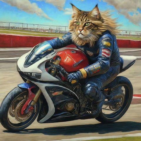 Cat riding a racing motorcycle.