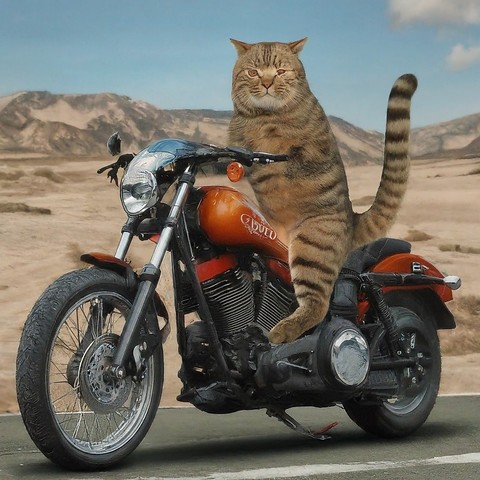 Cat with high tail riding a motorcycle.