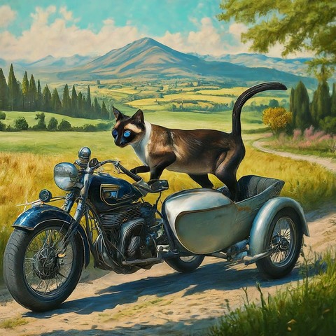 Cat sort of riding a motorcycle from a sidecar.