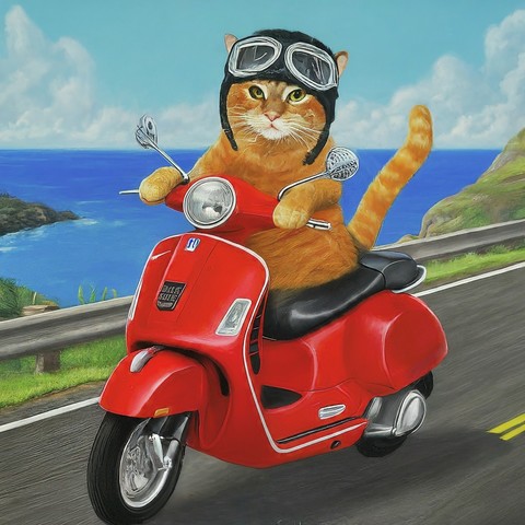 Cat riding a red Vespa. 