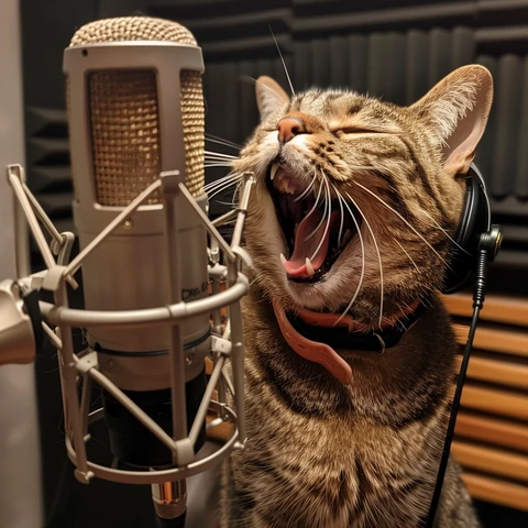 Cat singing into a microphone. 