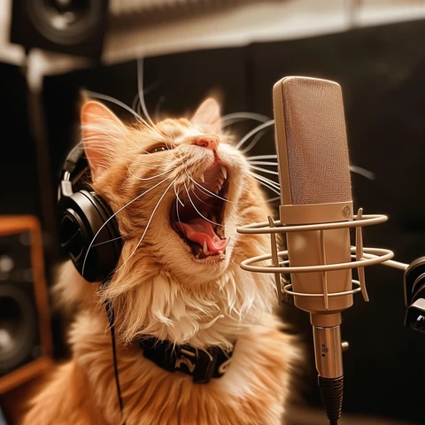 Orange Cat with collar performing a song.