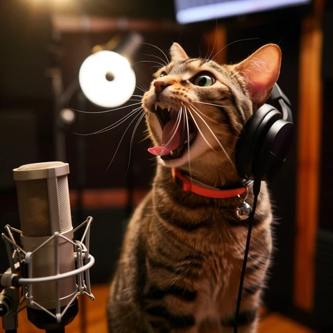 Tabby singing a song in a recording studio.