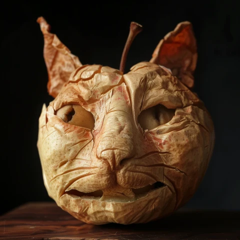 Carved Apple Cat Head. 