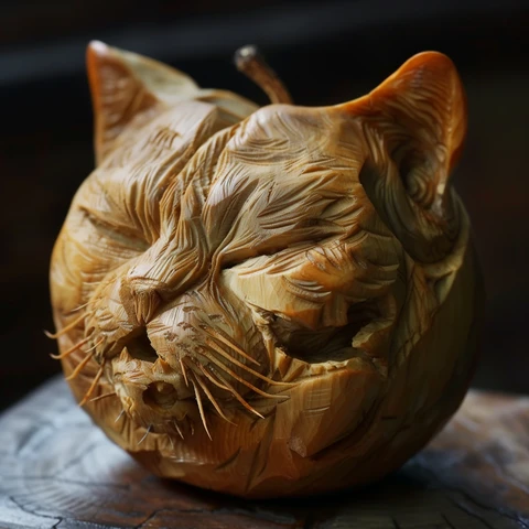 Sourpuss Carved Apple Cat Head. 