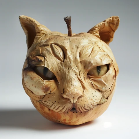 Carved Apple Cat Head. White background. 