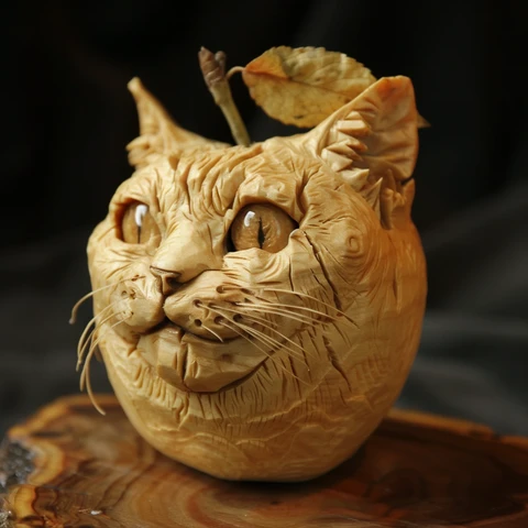 Carved Apple Cat Head. With golden grape eyes. 