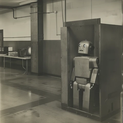 Robot trying to blend in a computer lab. 