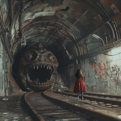 Is it a train or a monster ready to eat the girl in the red dress?