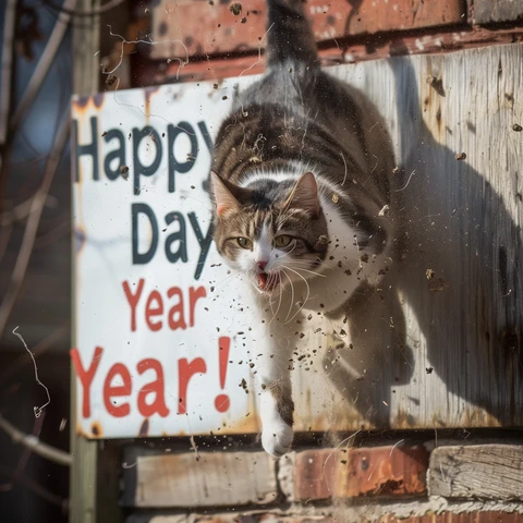 Leap Year Cat leaping from a sign. 