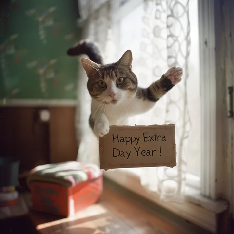 Leap Year cat leaping with a Leap Year sign. 