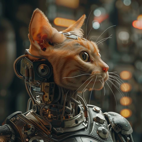 Furry orange AI Cat with mechanical throat.