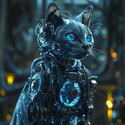 Blue AI Cat full of electricity and belonging. 