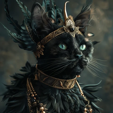 Black myth Cat with headdress and green eyes. 