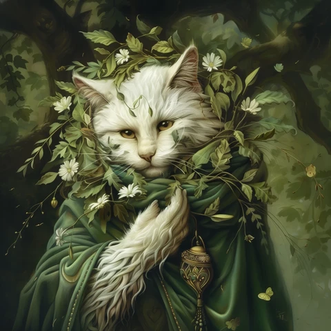 Myth Cat wrapped in greens. 