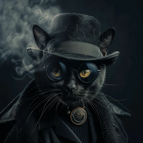 Secret Agent Cat with a steaming black hat. 