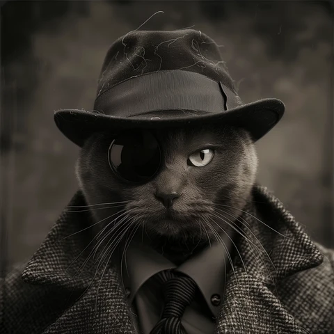 Secret Agent Cat with a monocle and tweet coat. 