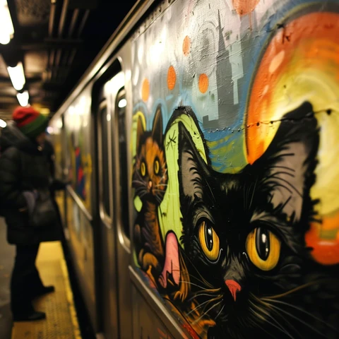 Black Graffitti Cat on the subway car.