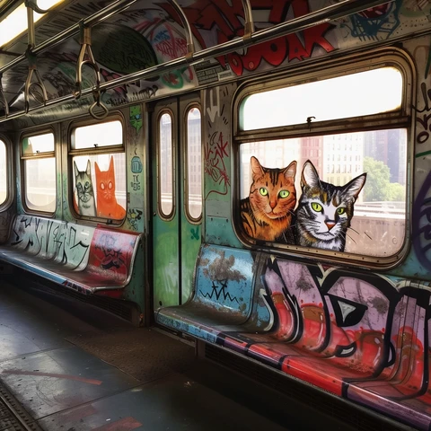 NYC Subway Cats peeking in the window.