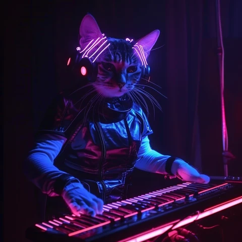 Darkwave Cat with lighted headphones. 