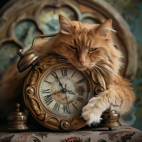 Orange Cat falling asleep on the clock.