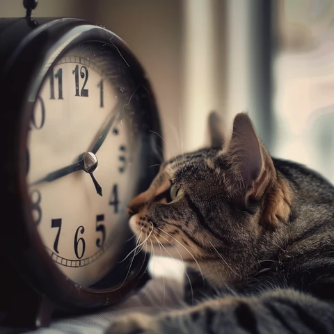 Tabby Cat actually watching the time on a clock!