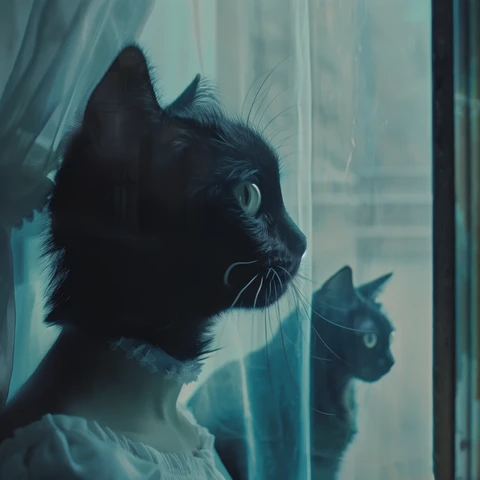 Black pondering window melancholia Cat.