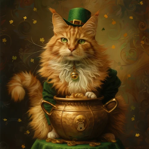 Leprechaun Cat in orange, sitting with a pot o' gold made of gold!