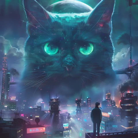 Giant black Tomorrow Cat overseeing the city below.