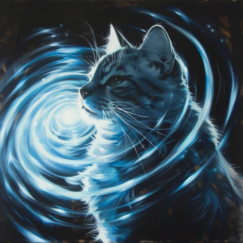 Cat spinning a blue swirl light.