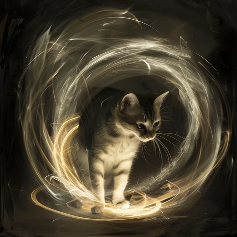 Cat creating a light space portal.