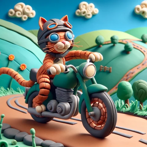Orange Claymation Cat on a motorcycle. 