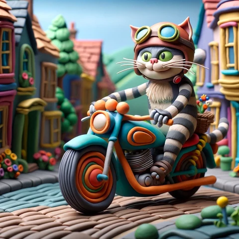 Grey and White Claymation Cat riding through the city.