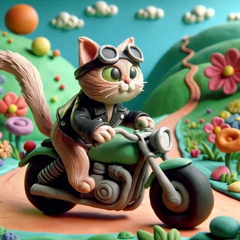 Creamy Cat riding a motorcycle on a country road. 