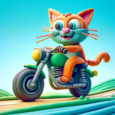 Orange Claymation Cat on a motorcycle riding on the road.