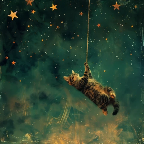 Cat in the sky swinging on a Star. 