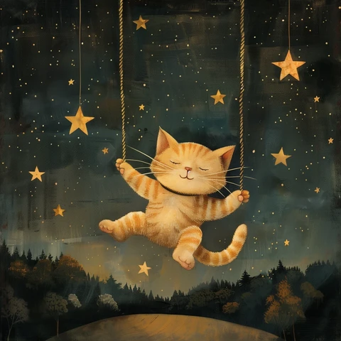 Orange Cat swinging on a star in the night sky. 