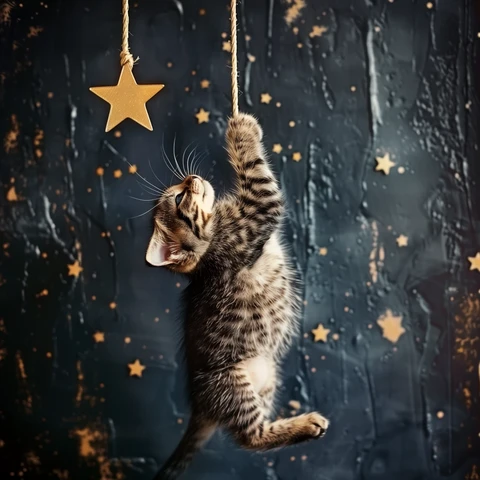 This Cat is either swinging on a Star, or trying to pull one down! 