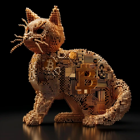 Bitcoin Cat made of glowing bits.