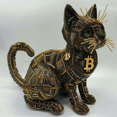Bitcoin Cat made of black and grey bits of Bitcoin.