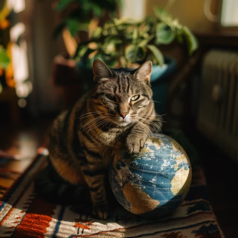 Happy Cat earth day! Cat with a globe.