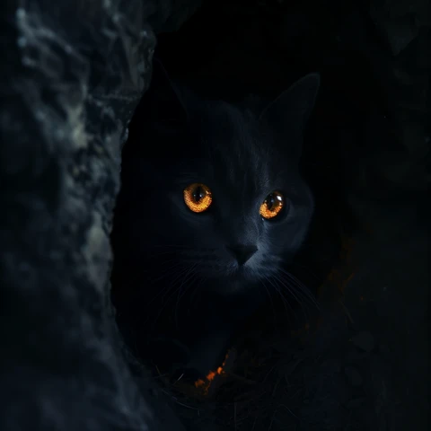Black Cat in cave with electric orange eyes.