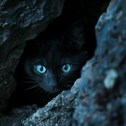 Blue eyed Black Cat. Glowing in the dark! 