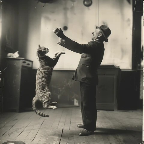 Man and Cat dancing.